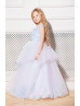 One Shoulder Light Blue Lace Tulle Corset Back Long Flower Girl Dress